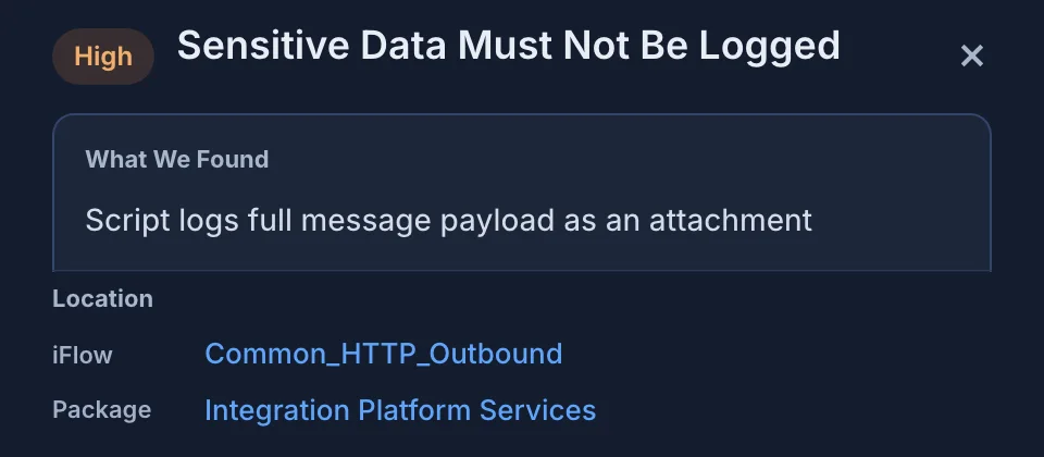 A Veriflow finding opened in the product: a script logs the full message payload, with the affected flow and package named
